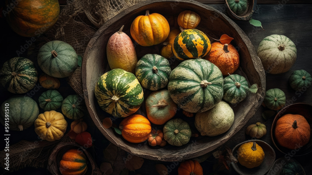 pumpkins in the water with flowers, a large set of different varieties of pumpkins. Generative AI pumpkins in the water with flowers, a large set of different varieties of pumpkins. Generative AI