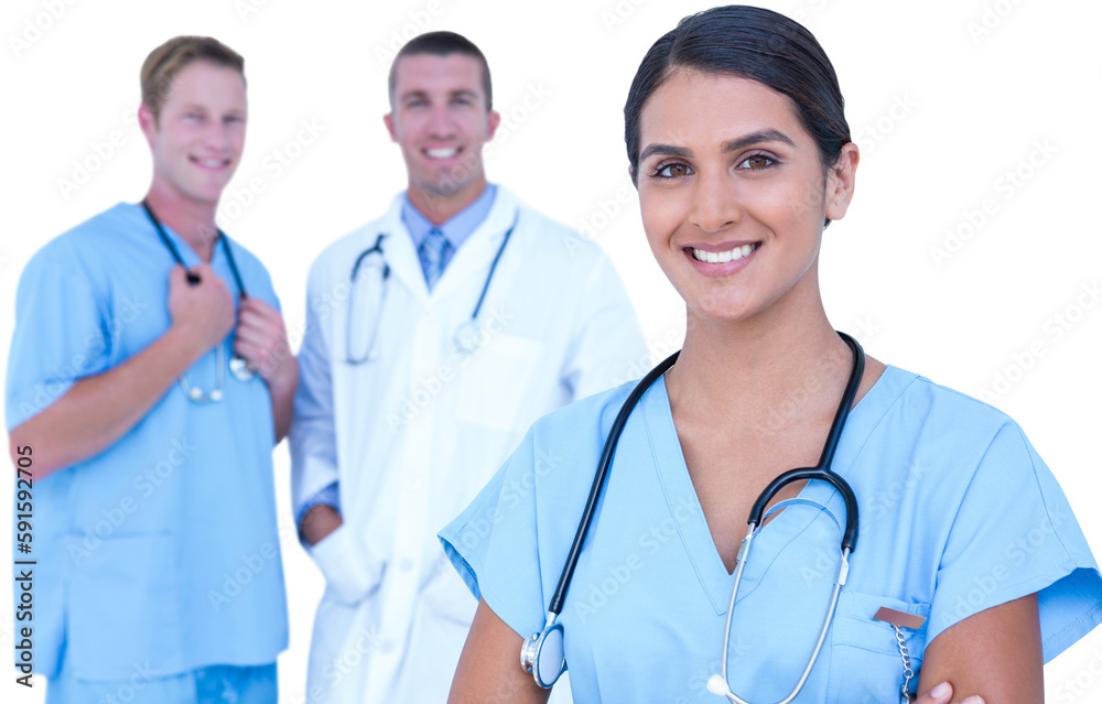 Portrait of smiling female doctor with colleagues Portrait of smiling female doctor with colleagues