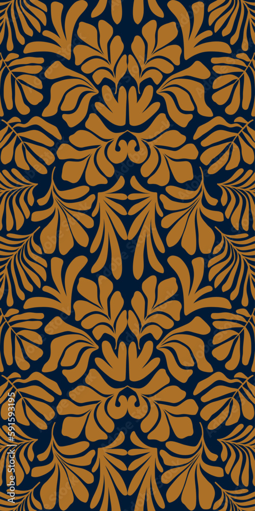 Gold abstract background with tropical palm leaves in Matisse style. Vector seamless pattern.