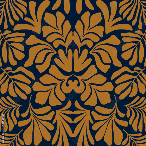 Gold abstract background with tropical palm leaves in Matisse style. Vector seamless pattern.