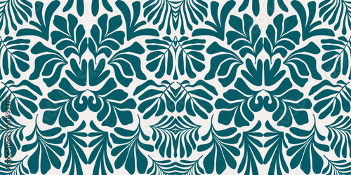 Blue green abstract background with tropical palm leaves in Matisse style. Vector seamless pattern.