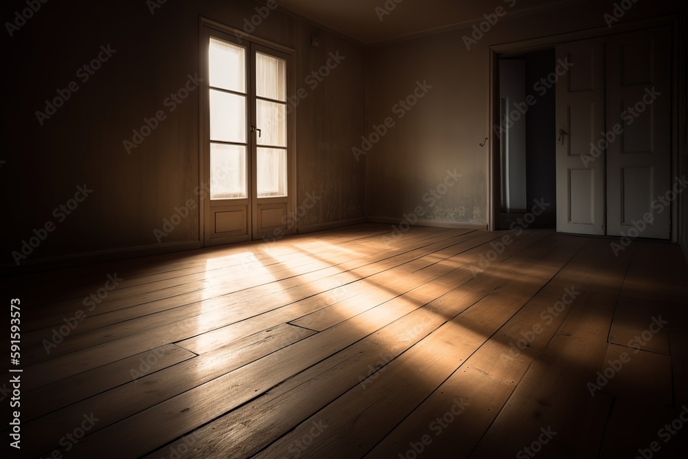 Obraz premium parede vazia e piso de madeira com brilho de luz do sol. Plano de fundo interior para a apresentação.