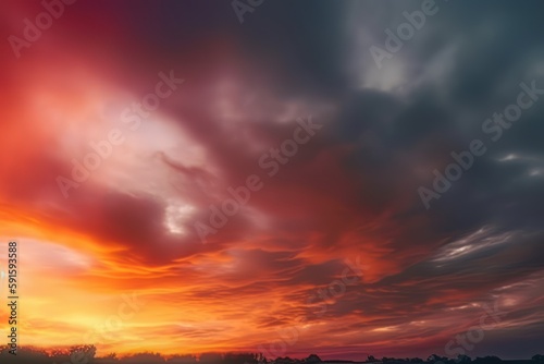 the sunset is above a field  in the style of colorful turbulence  dark turquoise and red