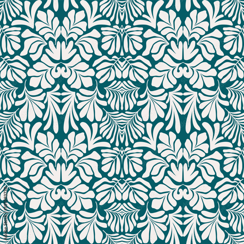 Blue green abstract background with tropical palm leaves in Matisse style. Vector seamless pattern.