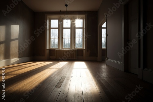 parede vazia e piso de madeira com brilho de luz do sol. Plano de fundo interior para a apresenta    o.