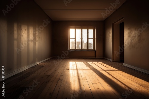 parede vazia e piso de madeira com brilho de luz do sol. Plano de fundo interior para a apresenta    o.