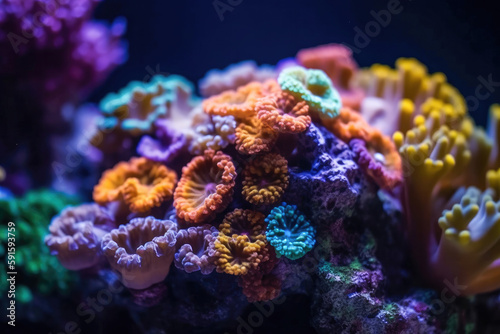 Marine corals of various colors under the sea. Generative AI