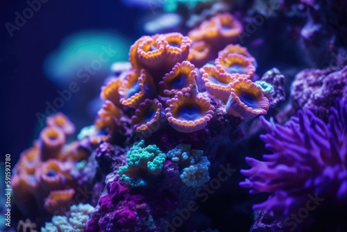 Marine corals of various colors under the sea. Generative AI © Miquel