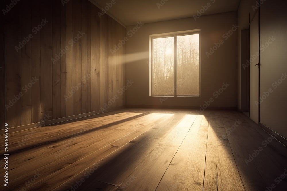 parede vazia e piso de madeira com brilho de luz do sol. Plano de fundo interior para a apresentação. parede vazia e piso de madeira com brilho de luz do sol. Plano de fundo interior para a apresentação.