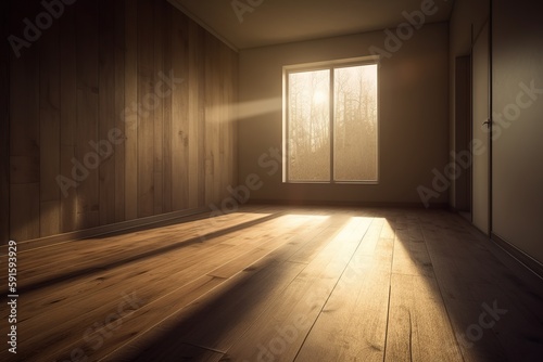 parede vazia e piso de madeira com brilho de luz do sol. Plano de fundo interior para a apresentação.