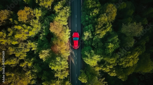 Red car in the forest highway aerial view. Generative AI