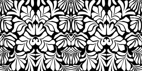 Black and white abstract background with tropical palm leaves in Matisse style. Vector seamless pattern.