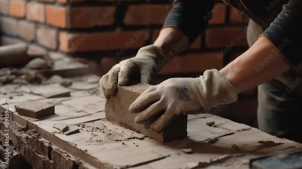 Professional worker using pan knife for building brick walls with cement and mortar Professional worker using pan knife for building brick walls with cement and mortar