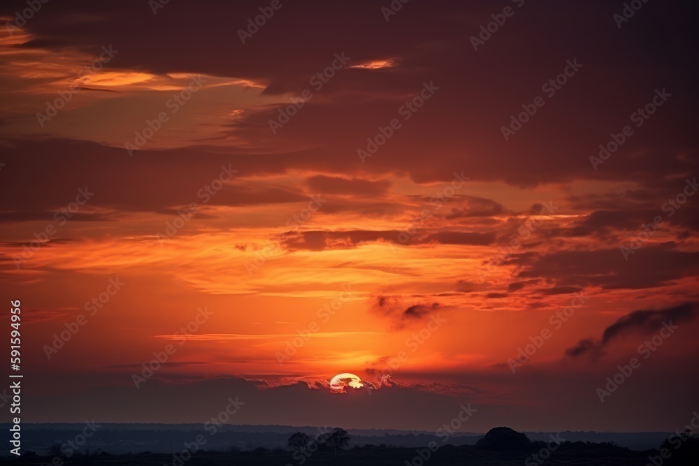 Fototapeta premium an orange sky with birds flying in it, in the style of dramatic lighting effects, atmospheric clouds