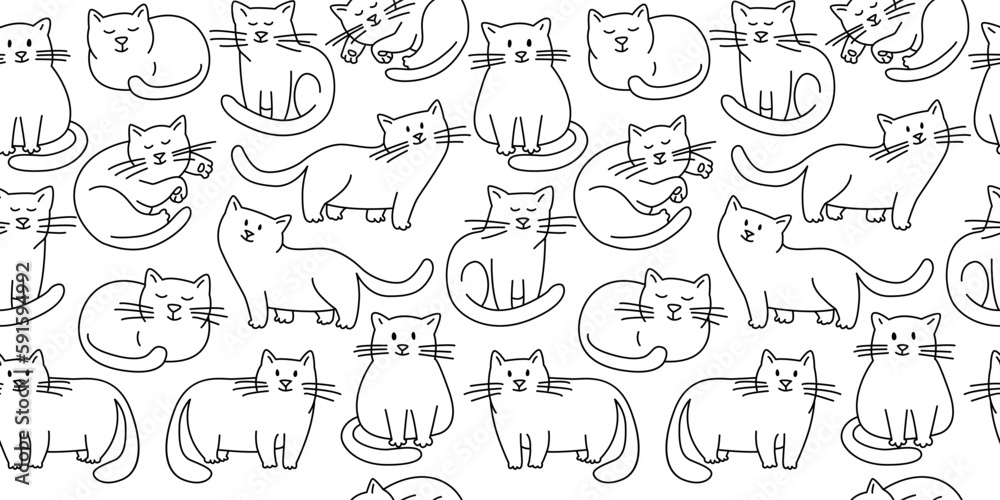 Cute chabby cats Seamless thin line icons background pattern.