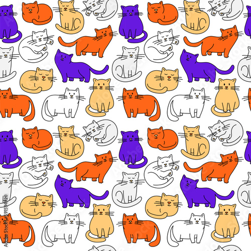 Fototapeta Naklejka Na Ścianę i Meble -  Cute chabby cats Seamless thin line icons background pattern.