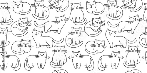 Cute chabby cats Seamless thin line icons background pattern.
