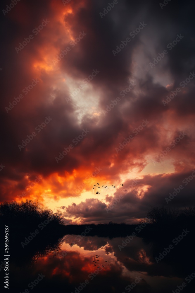 an orange sky with birds flying in it, in the style of dramatic lighting effects, atmospheric clouds