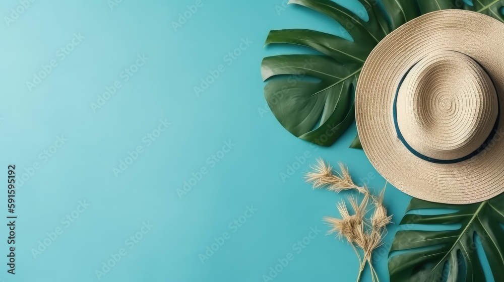 Sommerurlaub, Hintergrund mit Sonnenhut und Palmblätter, Generative AI