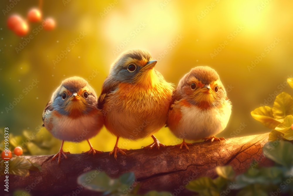 Summer is coming, cute little bird family. Generative AI.