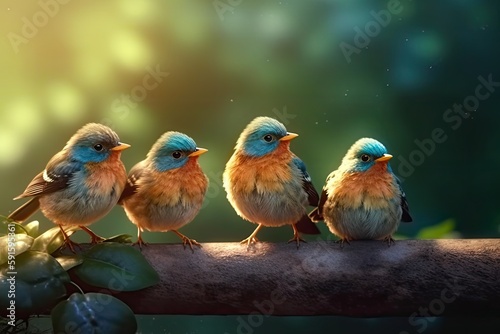 Summer is coming, cute little bird family. Generative AI.