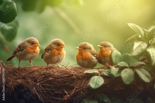 Summer is coming, cute little bird family. Generative AI.