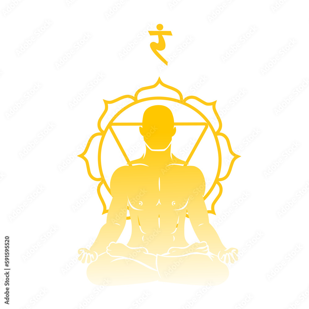 Silhouette of meditating man and symbol of Manipura (solar plexus chakra) on white background Silhouette of meditating man and symbol of Manipura (solar plexus chakra) on white background