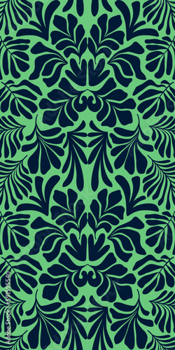 Green abstract background with tropical palm leaves in Matisse style. Vector seamless pattern.