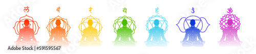 Silhouettes of meditating men and symbols of different chakras on white background