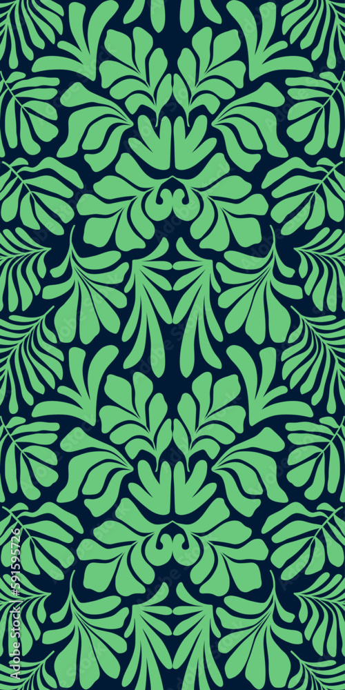 Green abstract background with tropical palm leaves in Matisse style. Vector seamless pattern.