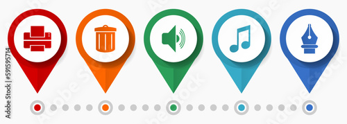Media icon set, flat design miscellaneous pointer icons such as printer, trash can, speaker, note and pen for webdesign and mobile applications, infographic vector template in eps 10
