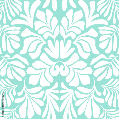 Turquoise white abstract background with tropical palm leaves in Matisse style. Vector seamless pattern.