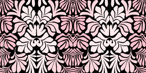 Pink black abstract background with tropical palm leaves in Matisse style. Vector seamless pattern.