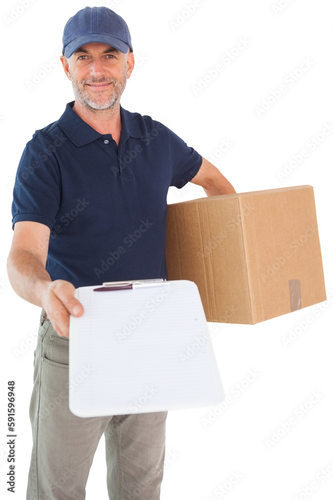 Happy delivery man holding cardboard box and clipboard