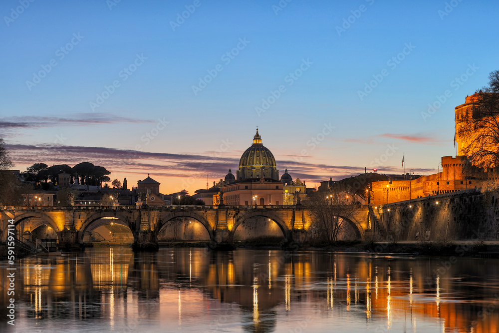 Majestic sunset landscape of Rome, Italy, featuring the Ponte Sant'Angelo, the river Tiber, and St Peter's Basilica in the Vatican. Amazing light cloud sky and Clouds 4k
