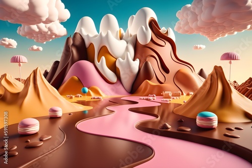 Beautiful View of Fantasy Land with Chocolate Theme. Created with Generative AI Technology