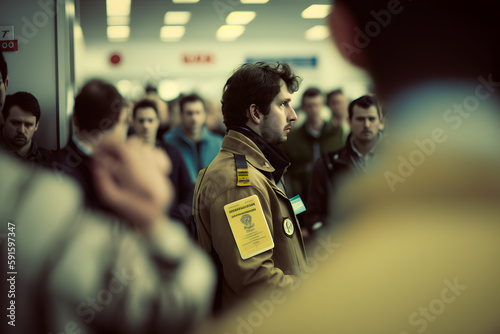 Border guard in uniform at passport control at the airport, rear view. Generative AI photo