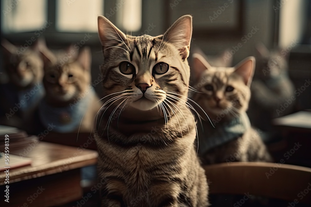 a group of cute domestic cats posing as students in a classroom