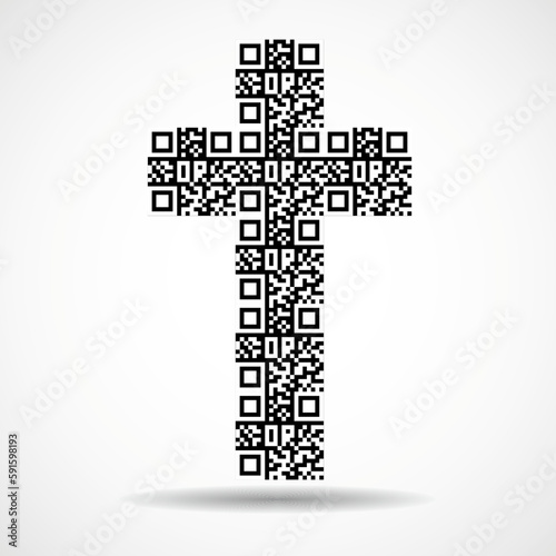 Abstract cross with Qr code. Christian Symbol. Vector logo