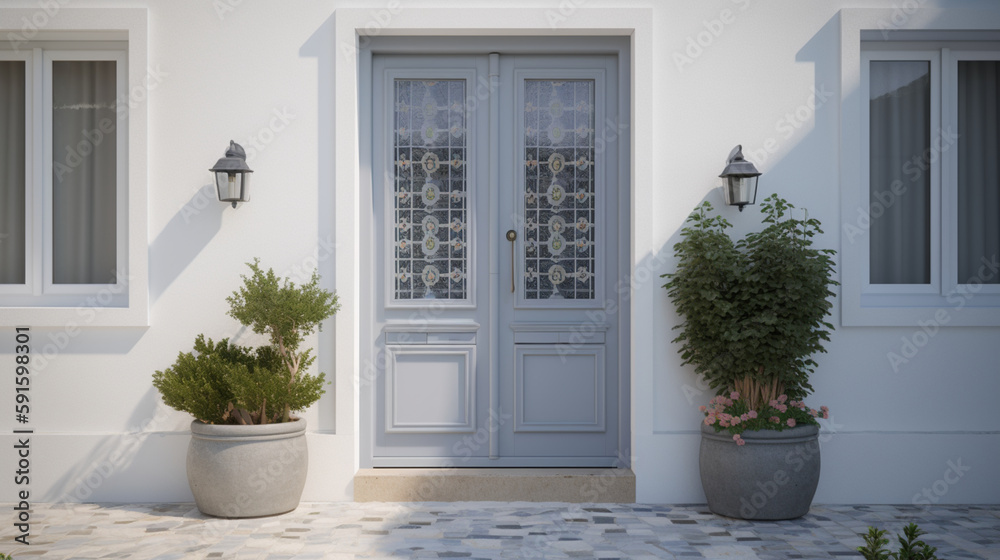 Contemporary image capturing modern Greek home entrance, gray front door with small square decorative windows. generative ai - obrazy, fototapety, plakaty 