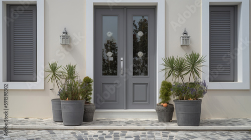Contemporary image capturing modern Greek home entrance, gray front door with small square decorative windows. generative ai