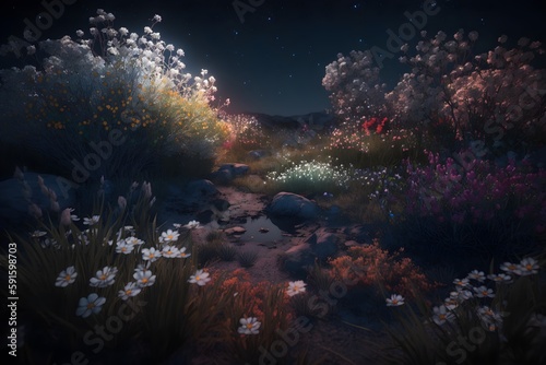 Beautiful Landscape View with Glowing Flowers and Leaves. Created with Generative AI technology
