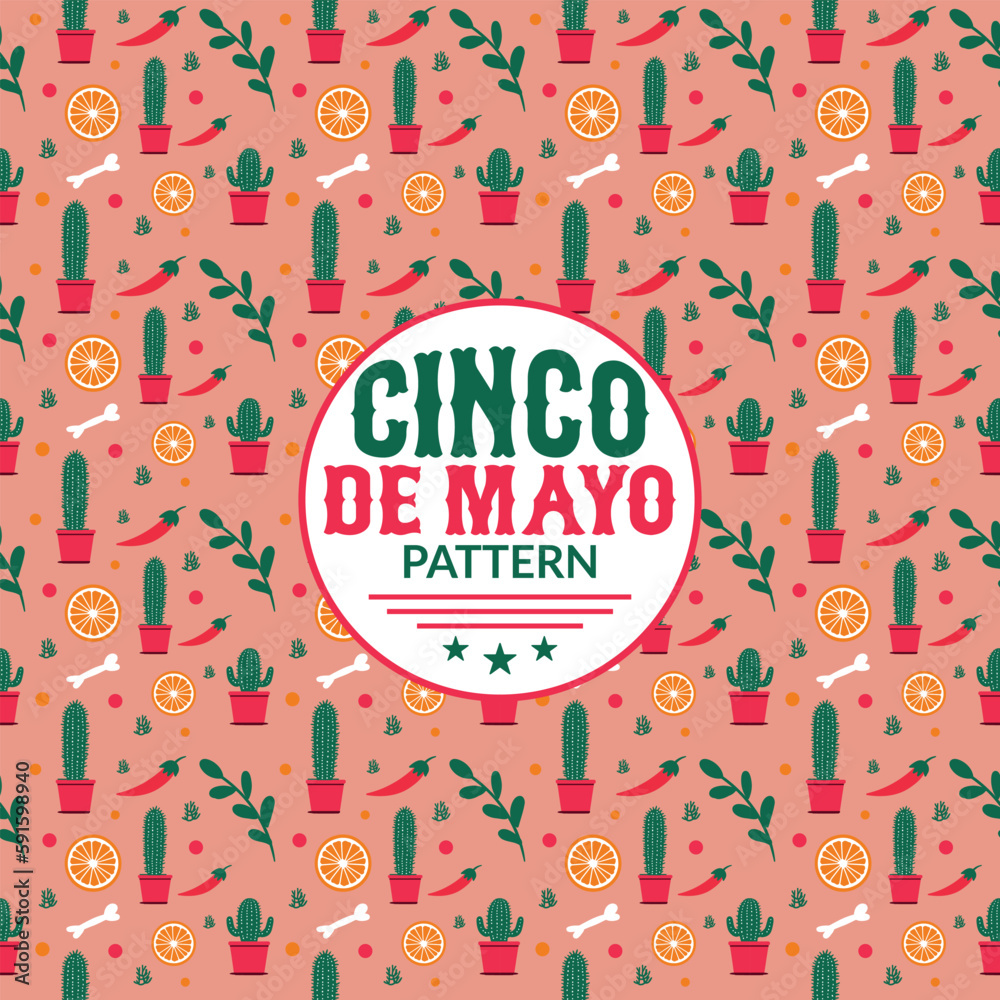 Fototapeta premium Seamless Cinco de Mayo Pattern, with hand-drawn doodles on pink background. Wrapping paper, wallpaper, packaging, textile prints vector