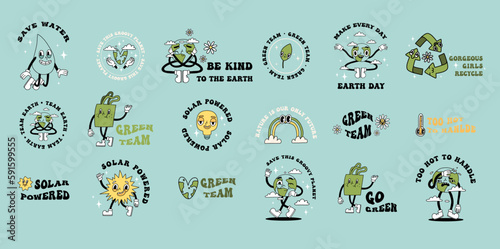 Groovy y2k retro eco cartoon stickers set. Happy earth day ecology sticker design collection. Environment day trendy badges. Isolated on dark background. Ecological vector illustration