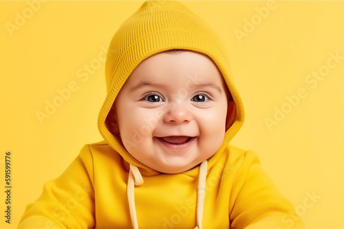 Beautiful baby or child of approximately 1 year old, Caucasian, looking at the camera and smiling, wearing a yellow hoodie. Studio shot on a yellow background.