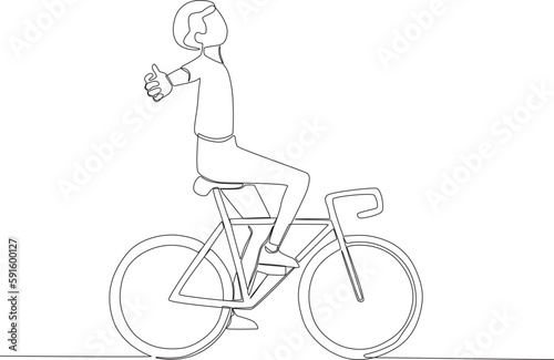 A man rides a bicycle while stretching his arms. World bicycle day one-line drawing