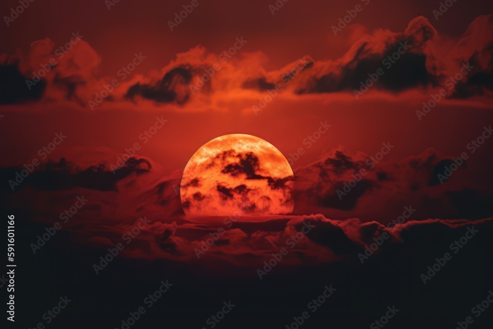 red sun with clouds behind on the dark sky, a red sun with clouds in the background