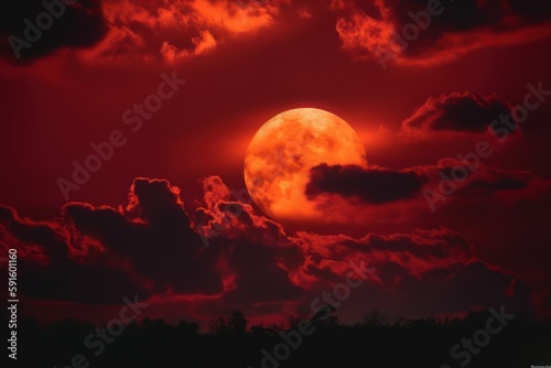 red sun with clouds behind on the dark sky, a red sun with clouds in the background © Fernando