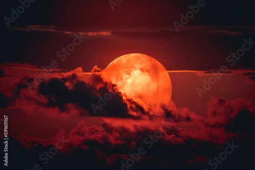 red sun with clouds behind on the dark sky, a red sun with clouds in the background
