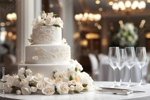 A stunning tiered wedding cake with white icing and floral decorations. The wedding venue is in the background and wine glasses to the side. Generative AI.